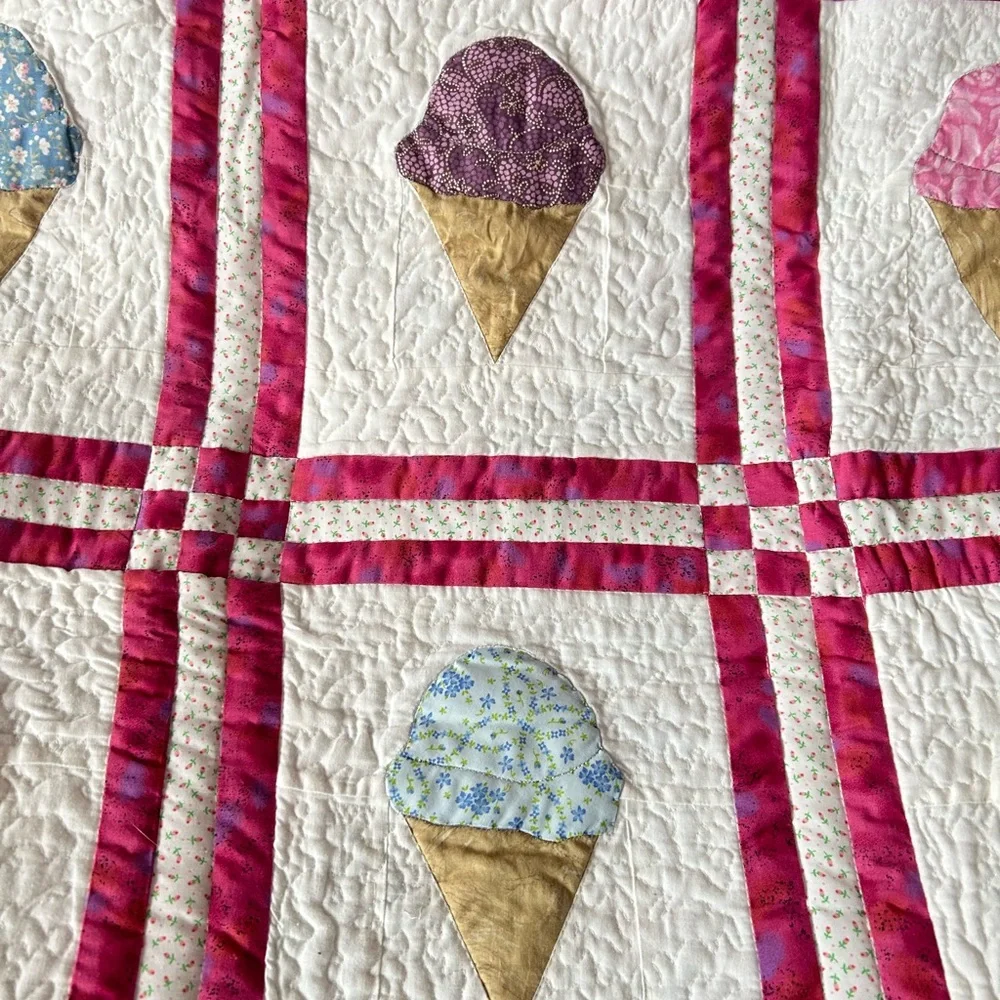 Handmade Ice Cream Cone Quilt - White with Pink Trim